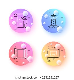 Plano arquitectónico, Lighthouse y doc manual iconos mínimos de línea. botones de esferas o bolas 3d. Abrir iconos de puerta. Para web, aplicación, impresión. Vector