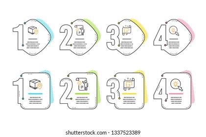Architectural plan, Manual doc and Parcel tracking icons simple set. Energy sign. Technical project, Project info, Package location pin. Turn on the light. Industrial set. Infographic timeline