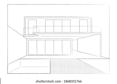 Architekturplan eines modernen Hauses. Architektur der Bauperspektive, die Linienkunst-Hintergrund entwirft. Vektorgrafik