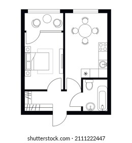 Architectural plan of a one-bedroom apartment with furniture. Flat top view.