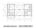 Architectural plan of a one-story manor house with a large terrace. The layout of an individual one-story house with two bedrooms, a kitchen, a living room, two bathrooms, dressing rooms.