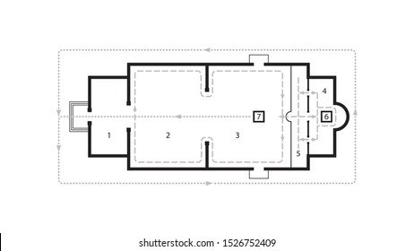 Architectural plan of Orthodox Church. Medieval Orthodox Monastery. Scheme of movement at the Liturgy.