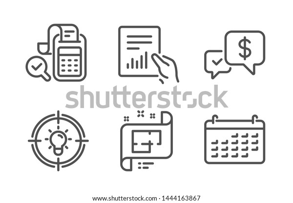 Architectural plan, Payment received and Bill\
accounting icons simple set. Idea, Document and Calendar signs.\
Technical project, Money. Education set. Line architectural plan\
icon. Editable\
stroke