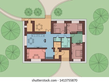 Architectural plan of a residential building on the land. Top view with furniture. Vector illustration. EPS10