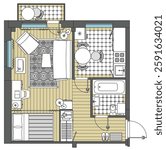 Architectural plan of russian standard khrushchevka. Apartment with kitchen and bedroom. Small house top view. Floor plan with furniture placement. The interior design project. Vector