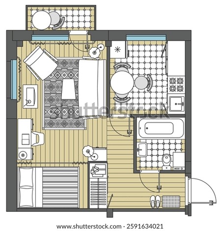 Architectural plan of russian standard khrushchevka. Apartment with kitchen and bedroom. Small house top view. Floor plan with furniture placement. The interior design project. Vector