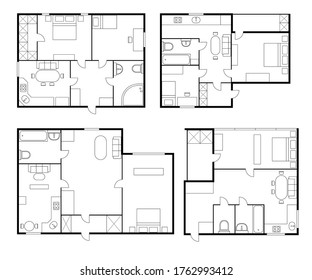 Architectural Plan Sign Contour Linear Icon Set Project House with Furniture. Vector illustration of Plans Icons