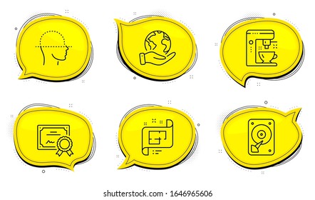 Architectural plan sign. Diploma certificate, save planet chat bubbles. Hdd, Coffee maker and Face scanning line icons set. Hard disk, Tea machine, Faces detection. Technical project. Vector
