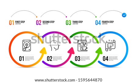 Architectural plan sign. Infographics timeline. Hdd, Coffee maker and Face scanning line icons set. Hard disk, Tea machine, Faces detection. Technical project. Technology set. Hdd icon. Vector