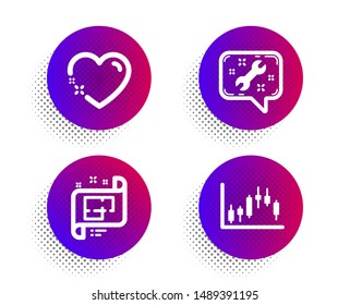 Architectural plan, Spanner and Heart icons simple set. Halftone dots button. Candlestick graph sign. Technical project, Repair service, Love. Finance chart. Business set. Vector