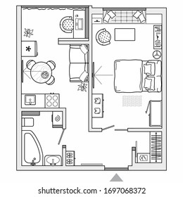 Architectural plan of studio apartment with kitchen and bedroom. Small house top view. Floor plan with furniture placement. The interior design project. Vector.