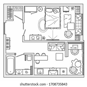 Architectural plan of studio apartment with kitchen and bedroom. Small house top view. Floor plan with furniture placement. The interior design project. Vector.