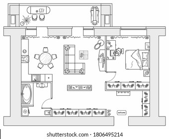 Architectural plan of studio apartment with kitchen and bedroom. Small house top view. Floor plan with furniture placement. The interior design project. Vector.
