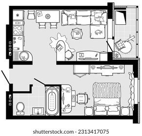 Architectural plan of studio apartment with kitchen and bedroom. Small house top view. Floor plan with furniture placement. The interior design project. Vector.