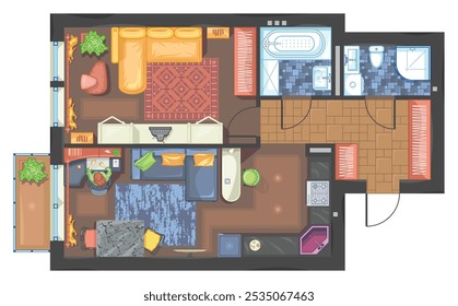 Plano arquitetônico do apartamento do estúdio com cozinha e quarto. Planta de chão com colocação de móveis. Desenho a cores da sala, projeto de design de interiores em vista superior. Estilo africano colorido. Vetor