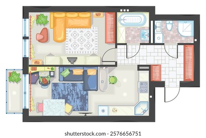 Architectural plan of studio apartment with kitchen and bedroom. Floor plan with furniture placement. Color drawing of the room, interior design project in top view. Vector