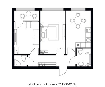 Architectural plan of a two bedroom apartment with furniture. Flat top view.