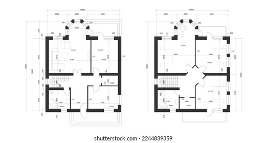 Architectural plan of a two-storey manor house with a terrace. The layout of an individual two-storey house with three bedrooms, kitchen, living room, two bathrooms, dressing rooms and pantries.
