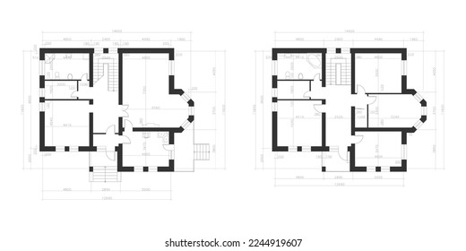 Architectural plan of a two-storey manor house with a terrace. The layout of an individual two-storey house with three bedrooms, kitchen, living room, two bathrooms, dressing rooms and pantries.