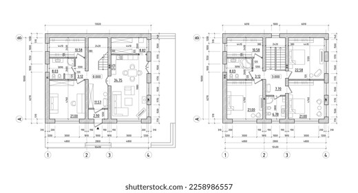 Architectural plan of a two-storey manor house with a terrace. The layout of an individual two-storey house with four bedrooms, kitchen, living room, three bathrooms and dressing rooms.