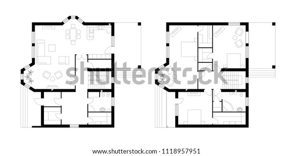 Architectural Plan Twostorey Manor House Terrace Stock Vector