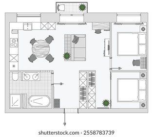 Vista do plano de arquitetura de cima. Apartamento com cozinha e quarto. Planta de chão com colocação de móveis, vista superior. O projeto de design de interiores. Vetor