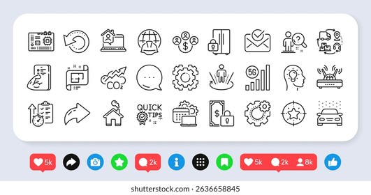 Architectural plan, Work home and Motherboard line icons pack. Social media: share, comment, like icons. Software, Search employee, Wifi web icon. Home, Timer, Recovery data pictogram. Vector