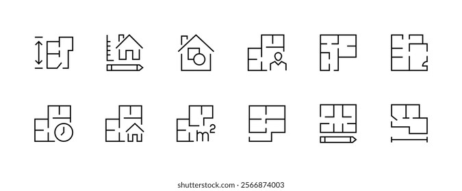 Architectural planning icon collection. Planning, scheme, dimension, project, measurement, floor plan and more. Editable stroke. Pixel Perfect. Grid base 32px.