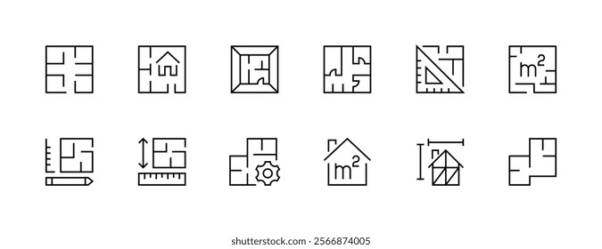 Architectural planning icon collection. Planning, scheme, dimension, project, measurement, floor plan and more. Editable stroke. Pixel Perfect. Grid base 32px.