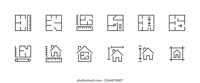 Architectural planning icon collection. Planning, scheme, dimension, project, measurement, floor plan and more. Editable stroke. Pixel Perfect. Grid base 32px.