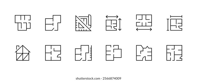 Architectural planning icon collection. Planning, scheme, dimension, project, measurement, floor plan and more. Editable stroke. Pixel Perfect. Grid base 32px.