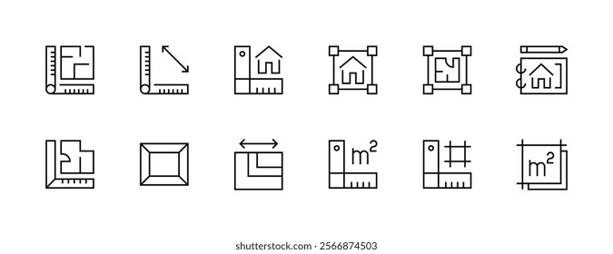 Architectural planning icon collection. Planning, scheme, dimension, project, measurement, floor plan and more. Editable stroke. Pixel Perfect. Grid base 32px.