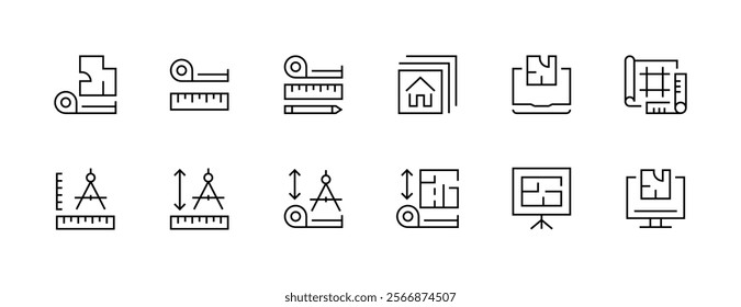 Architectural planning icon collection. Planning, scheme, dimension, project, measurement, floor plan and more. Editable stroke. Pixel Perfect. Grid base 32px.