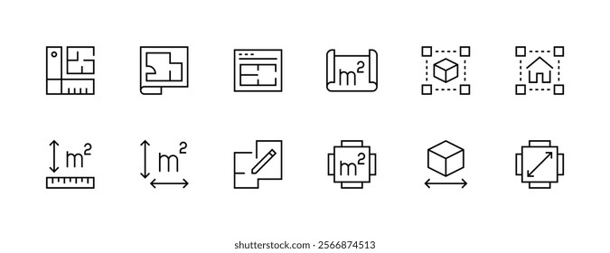 Architectural planning icon collection. Planning, scheme, dimension, project, measurement, floor plan and more. Editable stroke. Pixel Perfect. Grid base 32px.