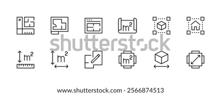 Architectural planning icon collection. Planning, scheme, dimension, project, measurement, floor plan and more. Editable stroke. Pixel Perfect. Grid base 32px.