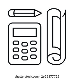 An architectural planning icon showing tools such as a calculator, pencil and folded drawing that are key to design and project development tasks.
