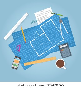 Architectural planning. Top view. Flat items, builder blueprints of house. Engineer data.
