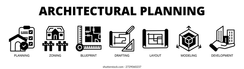 Architectural Planning Web-Banner Symbol Vektorgrafik-Konzept mit Symbolen der Planung, Zoning, Blaupause, Entwurf, Layout, Modellierung und Entwicklung.