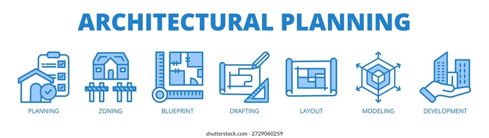 Arquitetura planejamento web banner ícone vetor ilustração conceito com ícones de planejamento, zoneamento, projeto, esboço, layout, modelagem e desenvolvimento.