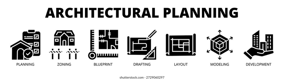 Architectural Planning Web-Banner Symbol Vektorgrafik-Konzept mit Symbolen der Planung, Zoning, Blaupause, Entwurf, Layout, Modellierung und Entwicklung.