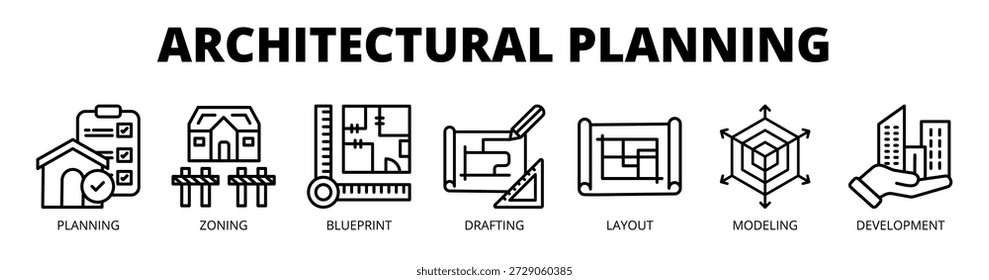 Architectural Planning Web-Banner Symbol Vektorgrafik-Konzept mit Symbolen der Planung, Zoning, Blaupause, Entwurf, Layout, Modellierung und Entwicklung.