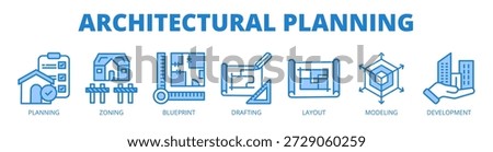 Architectural Planning web banner icon vector illustration concept with icons of planning, zoning, blueprint, drafting, layout, modeling, and development.