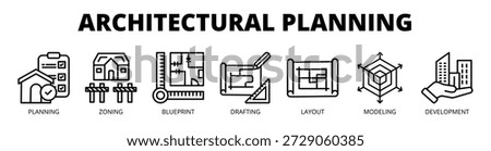 Architectural Planning web banner icon vector illustration concept with icons of planning, zoning, blueprint, drafting, layout, modeling, and development.