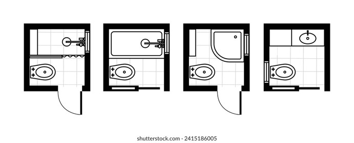 Architectural plans for bathrooms, studios and houses. Interior floor plan and design elements for toilet, sink, bathtub and shower