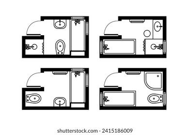 Architectural plans for bathrooms, studios and houses. Interior floor plan and design elements for toilet, sink, bathtub and shower