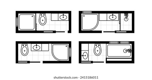 Architectural plans for bathrooms, studios and houses. Interior floor plan and design elements for toilet, sink, bathtub and shower