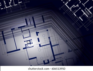 Architectural plans of the house on a dark blue striped background. Vector illustration