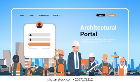 architectural portal website landing page template builders architectors and engineers team in helmets