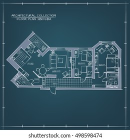 Architectural Professional Hand Drawn Floor Plan.Two Bedrooms Apartment. Blueprint Style