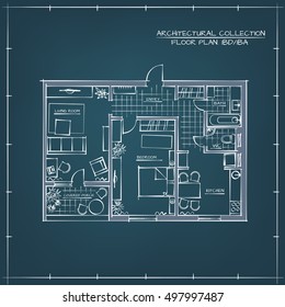 Architectural Professional Sketch. Vector Blueprint Floor Plan. One Bedroom Apartment